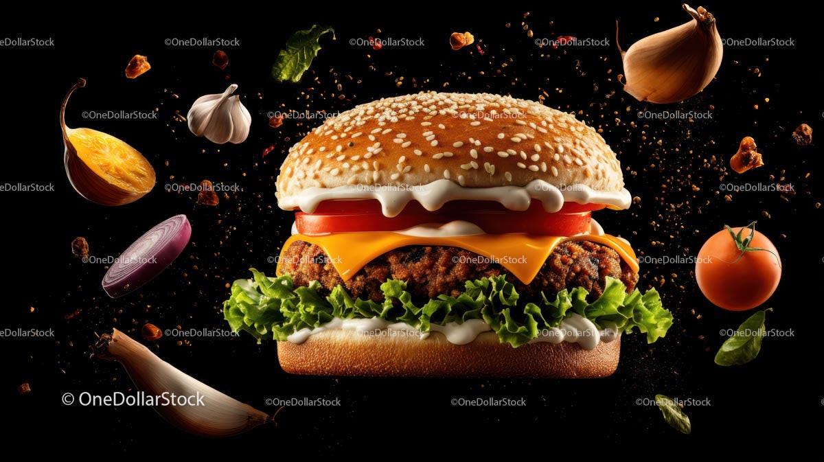 Gourmet Cheeseburger with Fresh Ingredients Flying