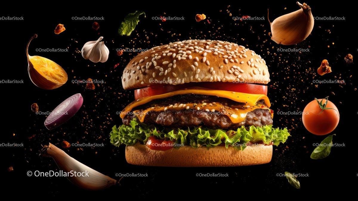 Gourmet Cheeseburger with Floating Ingredients