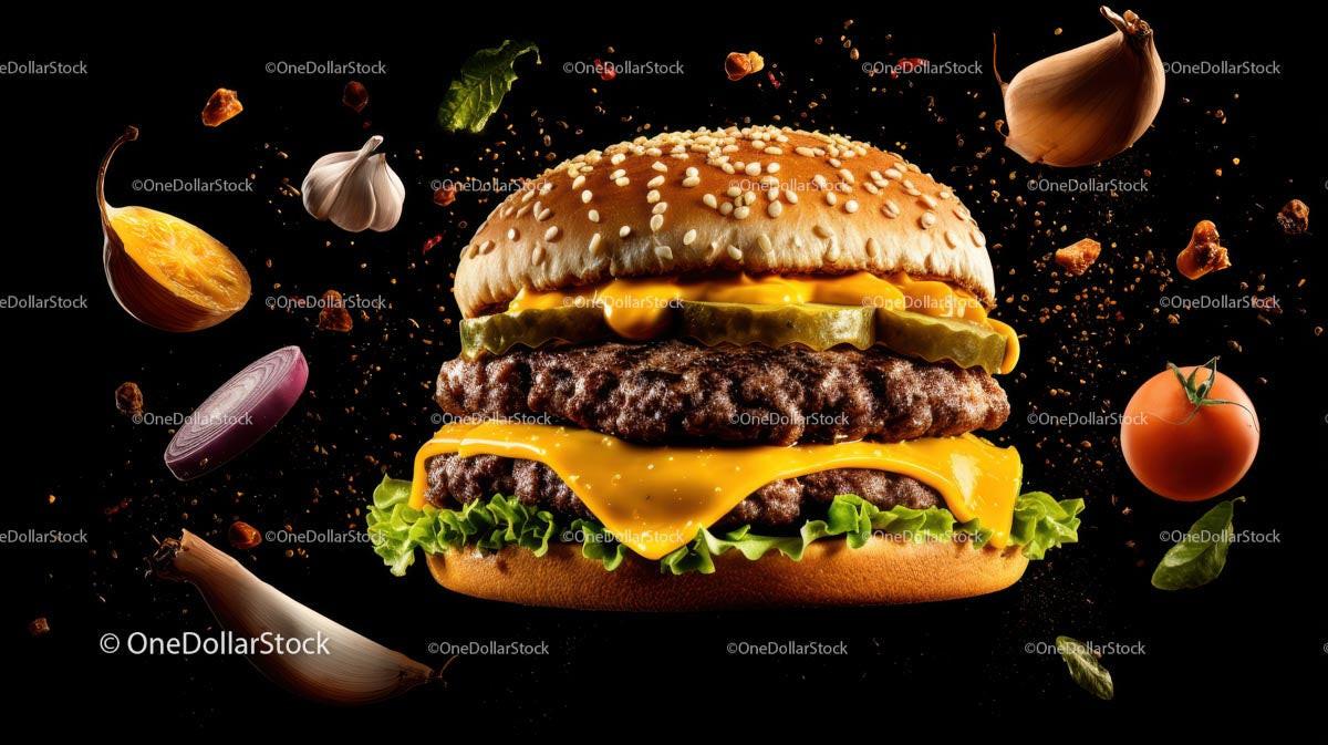 Delicious Cheeseburger with Flying Ingredients