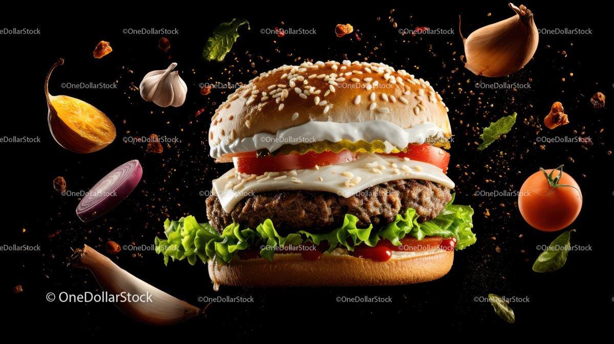 Floating Gourmet Burger with Fresh Ingredients