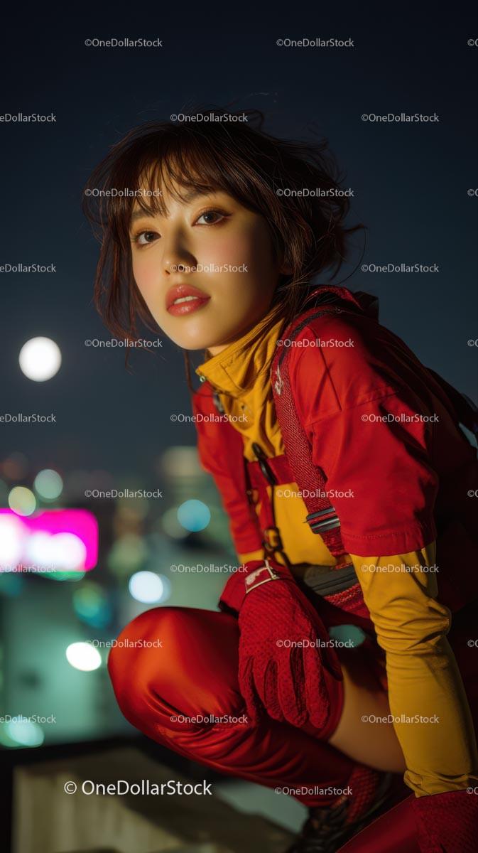 Stylish Woman in Vibrant Red Outfit on Rooftop at Night