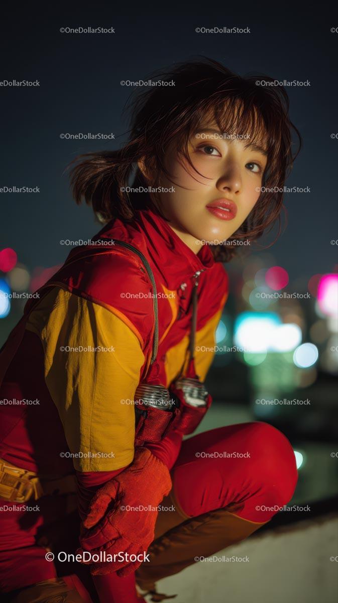 Woman in Vibrant Red and Yellow Outfit at Night