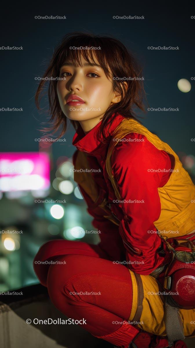 Young Woman in Vibrant Red Urban Outfit at Night Stock Photo Bundle preview 16