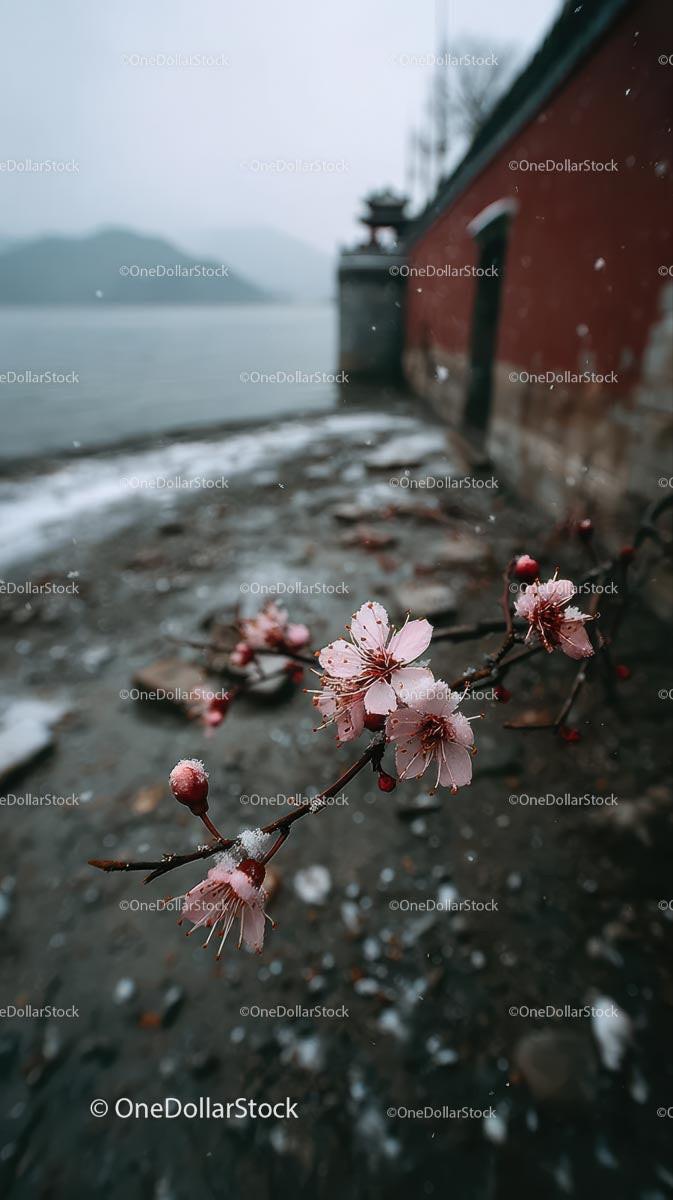 Snow-Dusted Cherry Blossoms Amidst Serene Riverside