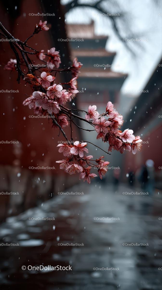 Cherry Blossoms in Snow with Urban Architecture Background