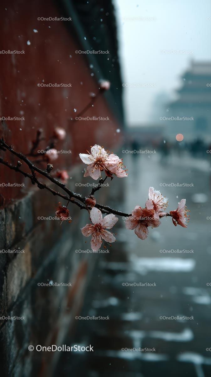 Cherry Blossoms in Serene Winter Setting