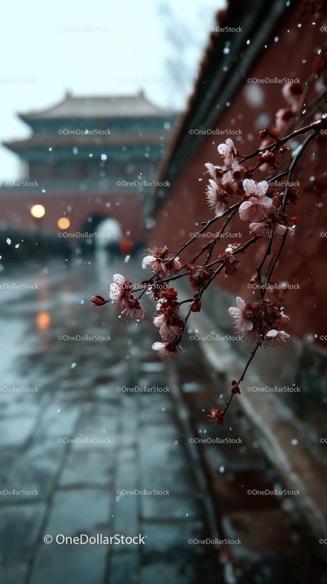 Cherry Blossoms Adorn a Snowy Traditional Pathway