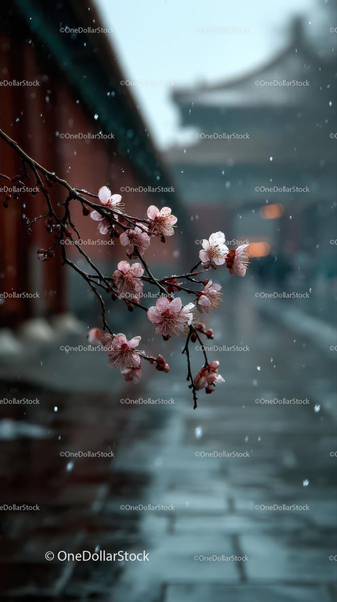 Cherry Blossoms in Gentle Snowfall