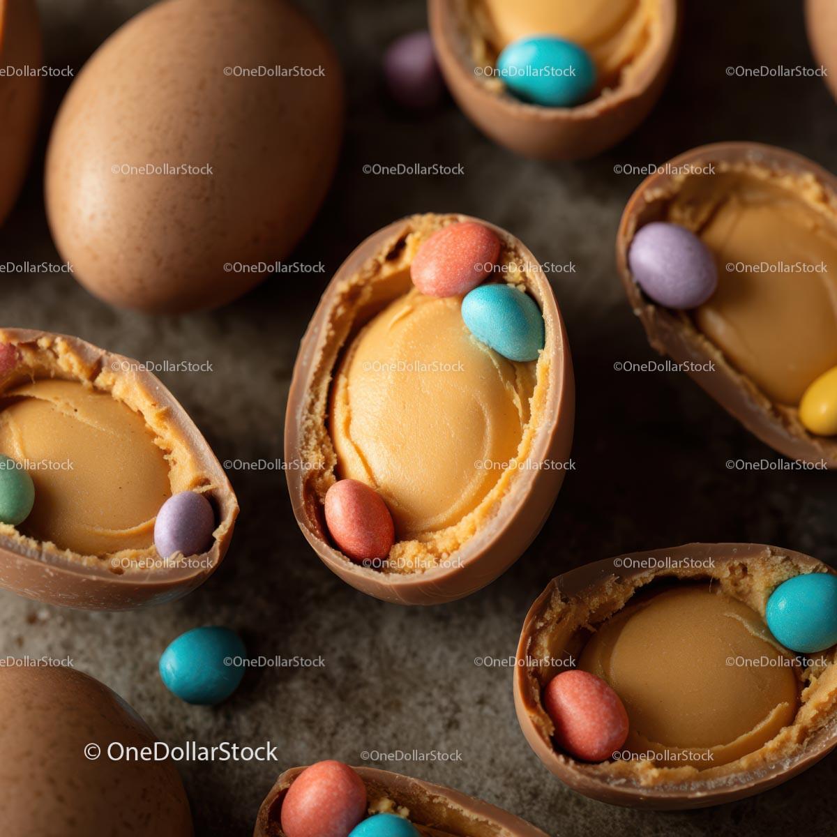 Close-Up of Delicious Chocolate Egg Candies Stock Photo Bundle preview