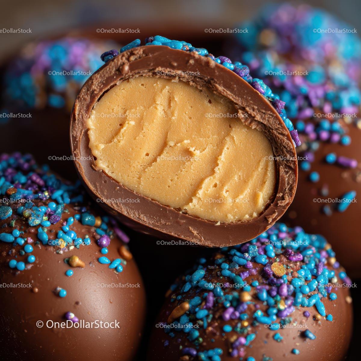 stock photo bundle made with Close-Up of Delicious Chocolate Egg Candies Stock Photo Bundle