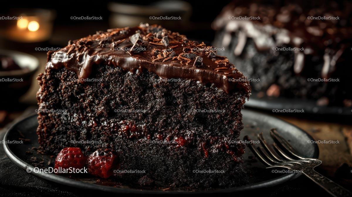 Decadent Chocolate Cake Slice with Raspberry Garnish