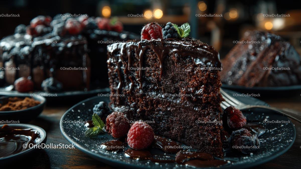 Decadent Chocolate Cake Slice with Berries