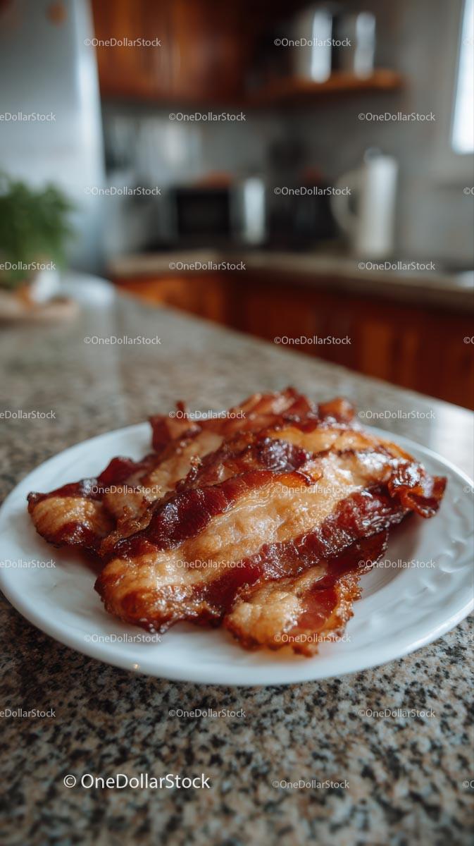 Crispy Bacon on a White Plate in a Cozy Kitchen