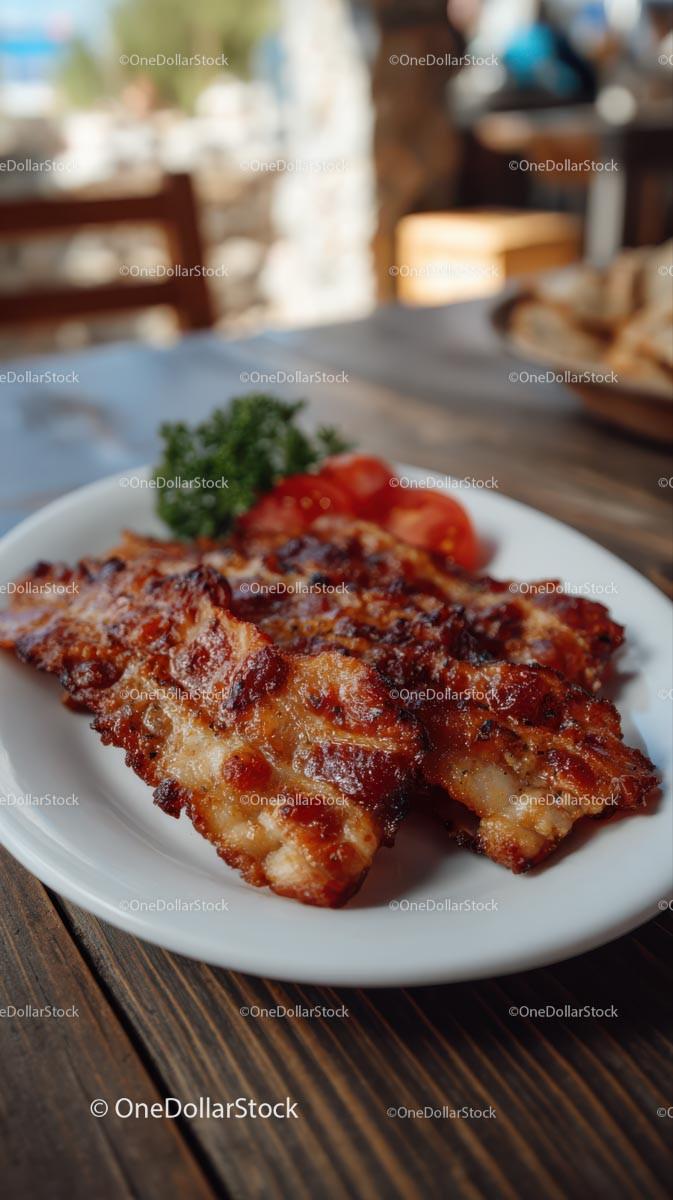 stock photo bundle made with Crispy Bacon on White Plate in Rustic Setting Stock Photo Bundle