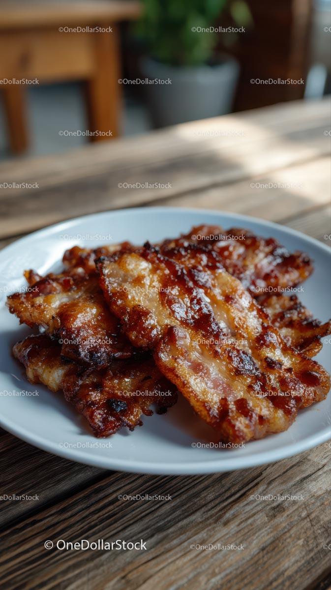Crispy Bacon on White Plate in Rustic Setting Stock Photo Bundle creative preview 4