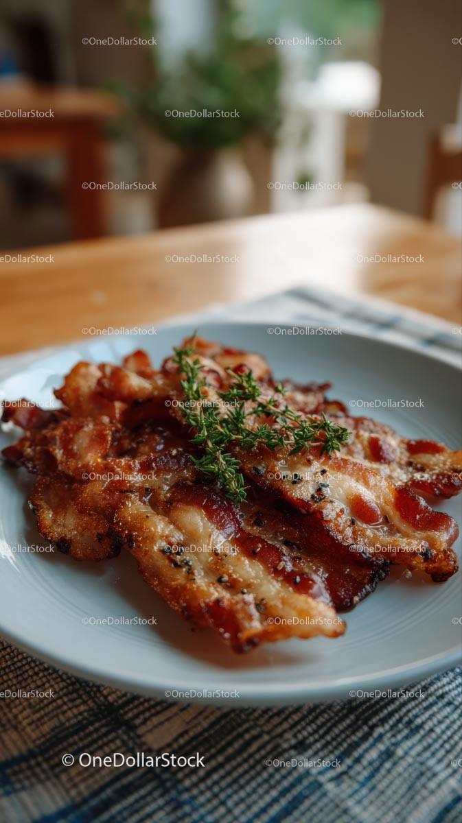 Crispy Bacon with Fresh Thyme on White Plate