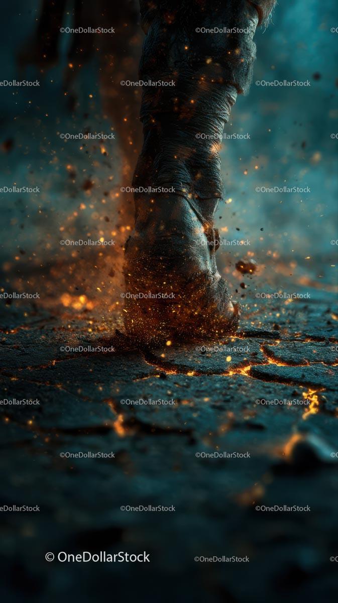 Epic Stomp of a Mythical Creature in Fiery Landscape