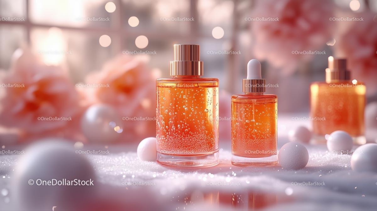 Elegant Skincare Bottles with Pink Floral Background JPG Mockup Image preview