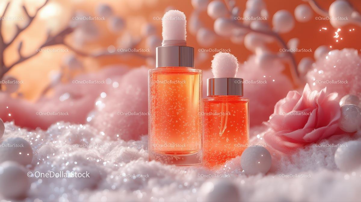 Elegant Cosmetic Bottles with Pink Floral Surroundings JPG Mockup Image preview