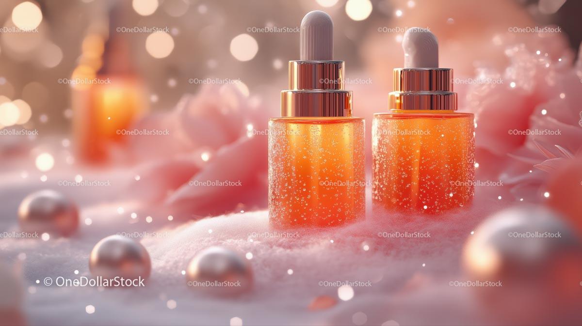 Elegant Orange Cosmetic Bottles on Soft Pink Background JPG Mockup Image preview