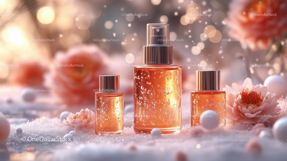 Elegant Perfume Bottles with Delicate Pink Flowers JPG Mockup Image preview