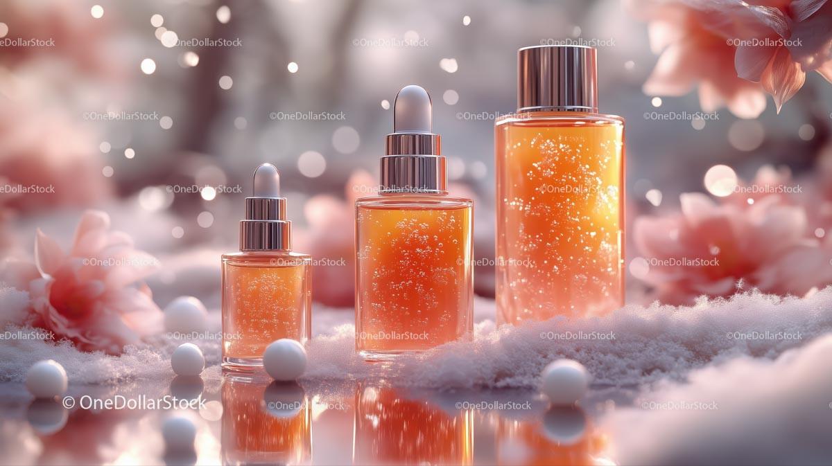 Luxury Cosmetic Bottles with Floral and Pastel Background JPG Mockup Image preview