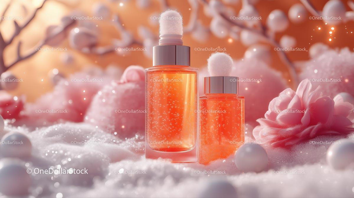 Luxury Skincare Bottles with Pink Floral Background JPG Mockup Image preview