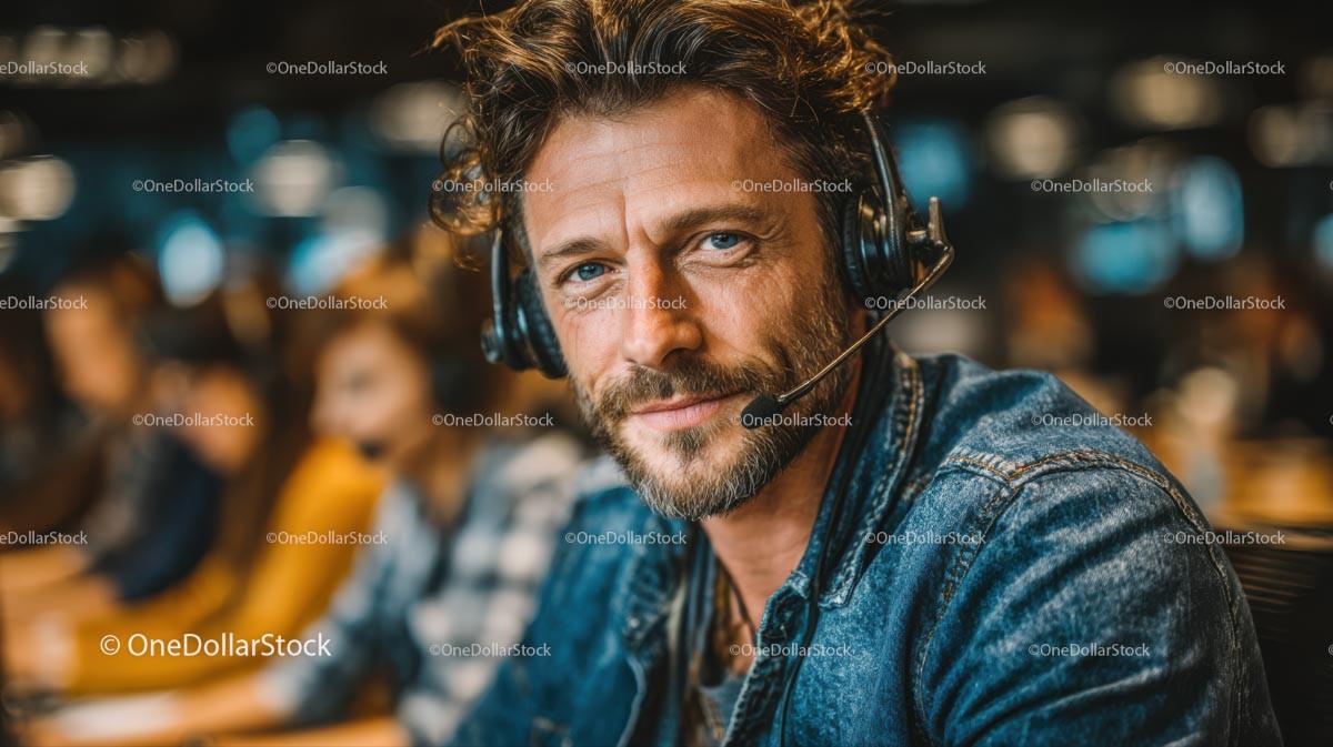 Professional Call Center Operator in Denim Jacket