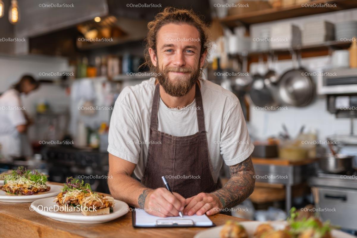 Smiling Chef Writing Notes in a Cozy Restaurant Kitchen