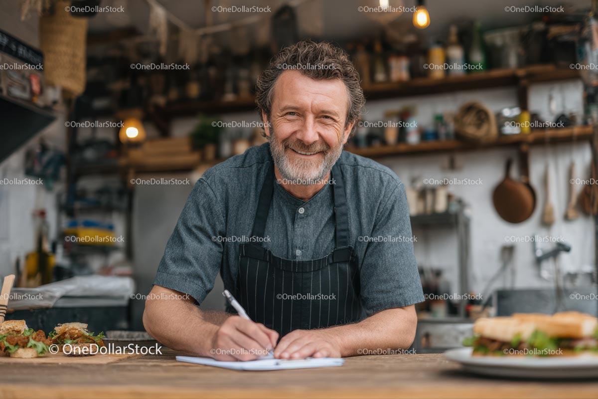 Smiling Chef in Rustic Kitchen Taking Culinary Notes