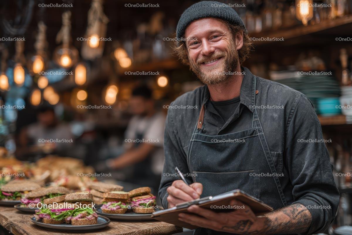 Smiling Chef in a Trendy Urban Cafe with Sandwich Plates