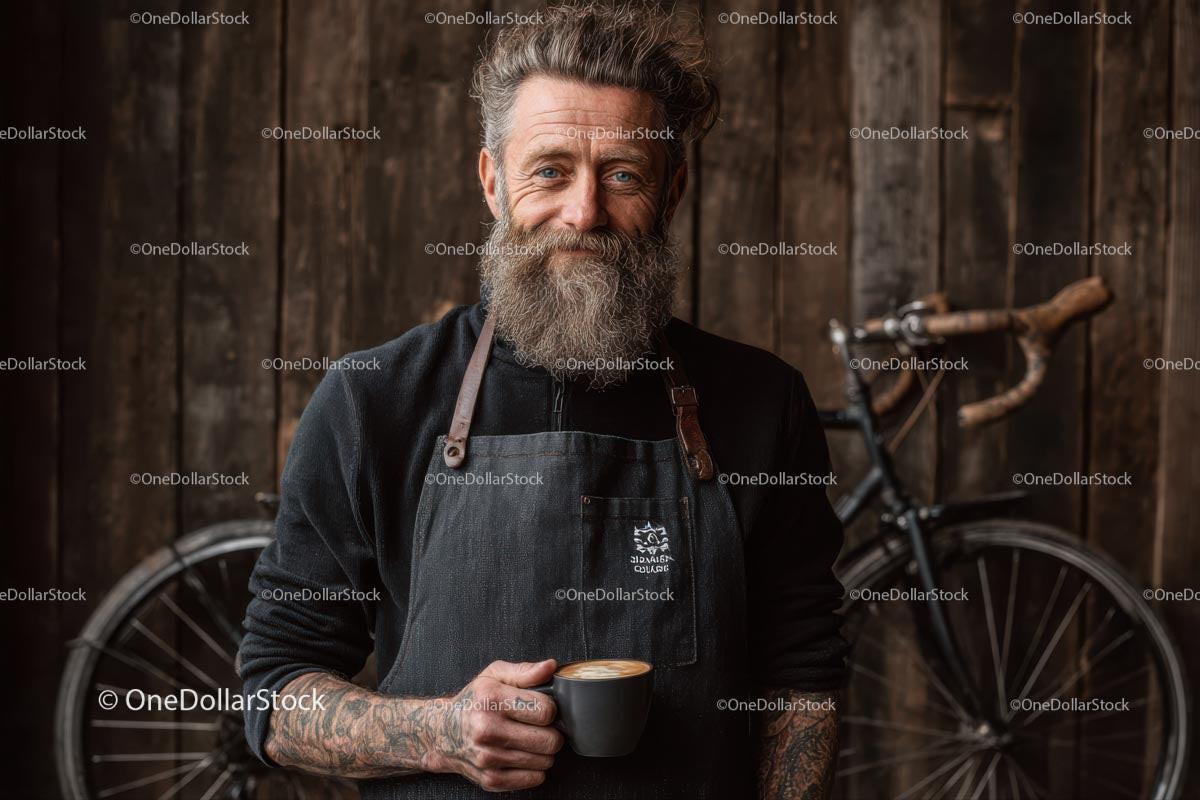 Bearded Barista with Coffee in Rustic Cafe
