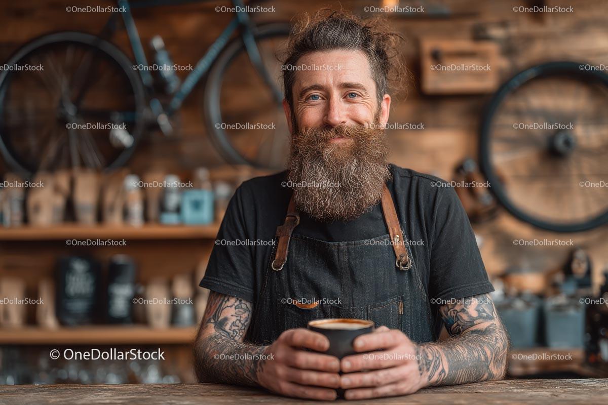 Bearded Barista with Coffee in Rustic Cafe Setting
