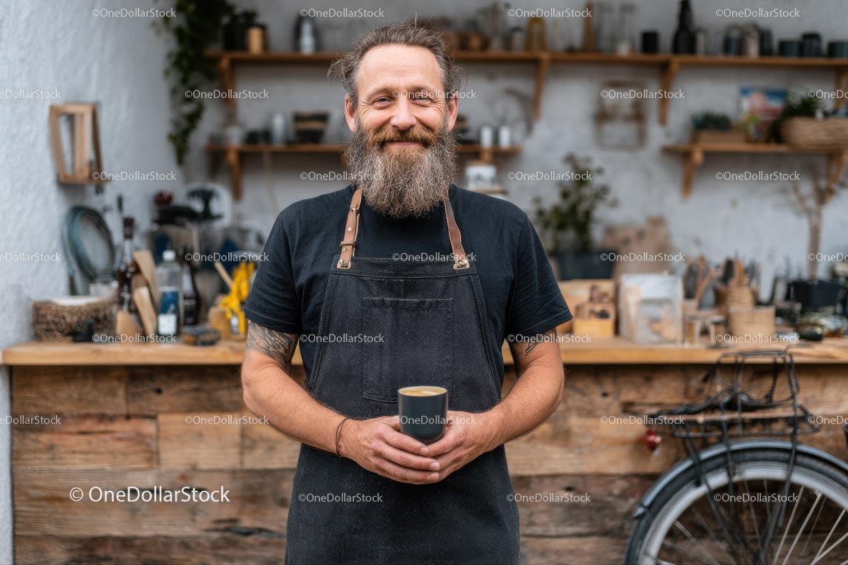 Bearded Barista in Cozy Rustic Coffee Shop
