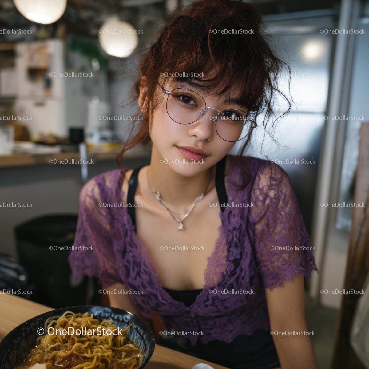 Young Woman with Purple Lace Top Dining in Urban Eatery Stock Photo Bundle preview