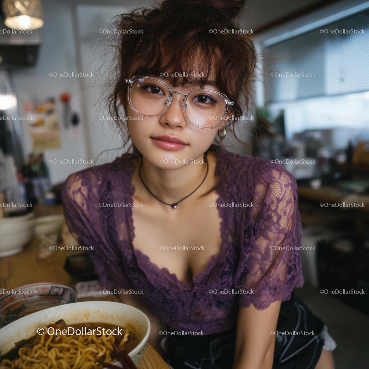 Young Woman in Purple Lace Blouse with Trendy Glasses