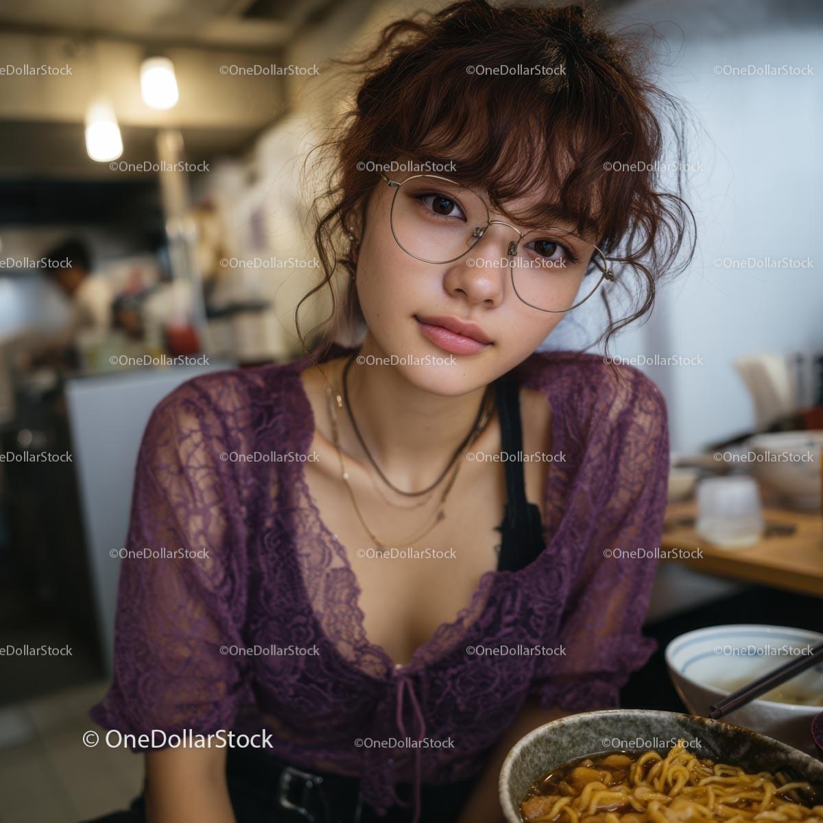 Young Woman in Glasses Dining in a Cozy Restaurant
