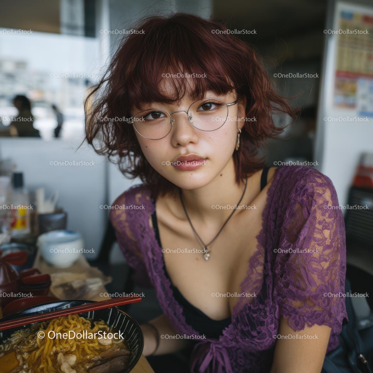 Stylish Woman in Purple Lace Enjoying Ramen Stock Photo Bundle preview