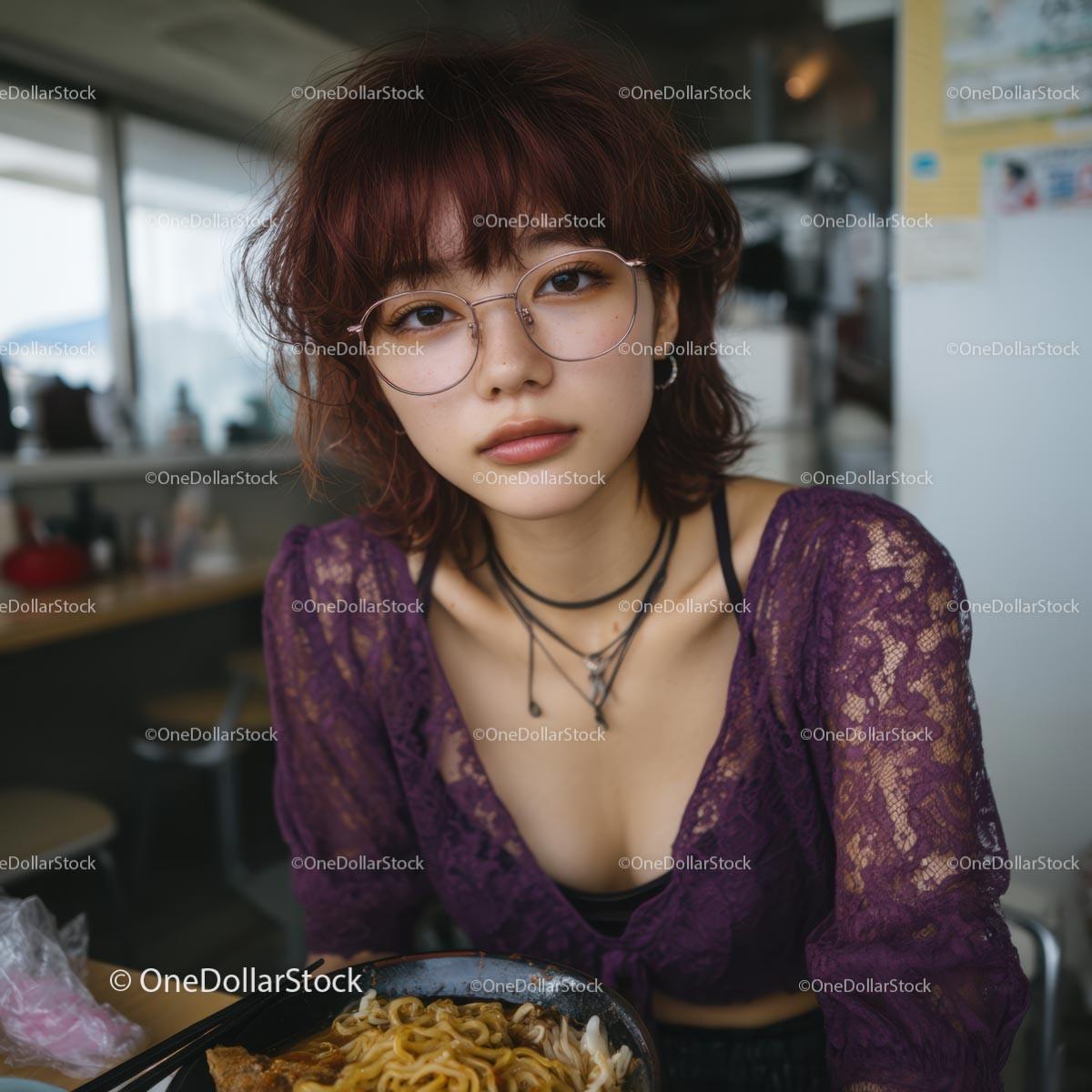 Stylish Woman in Purple Lace Enjoying Ramen Stock Photo Bundle creative preview 4