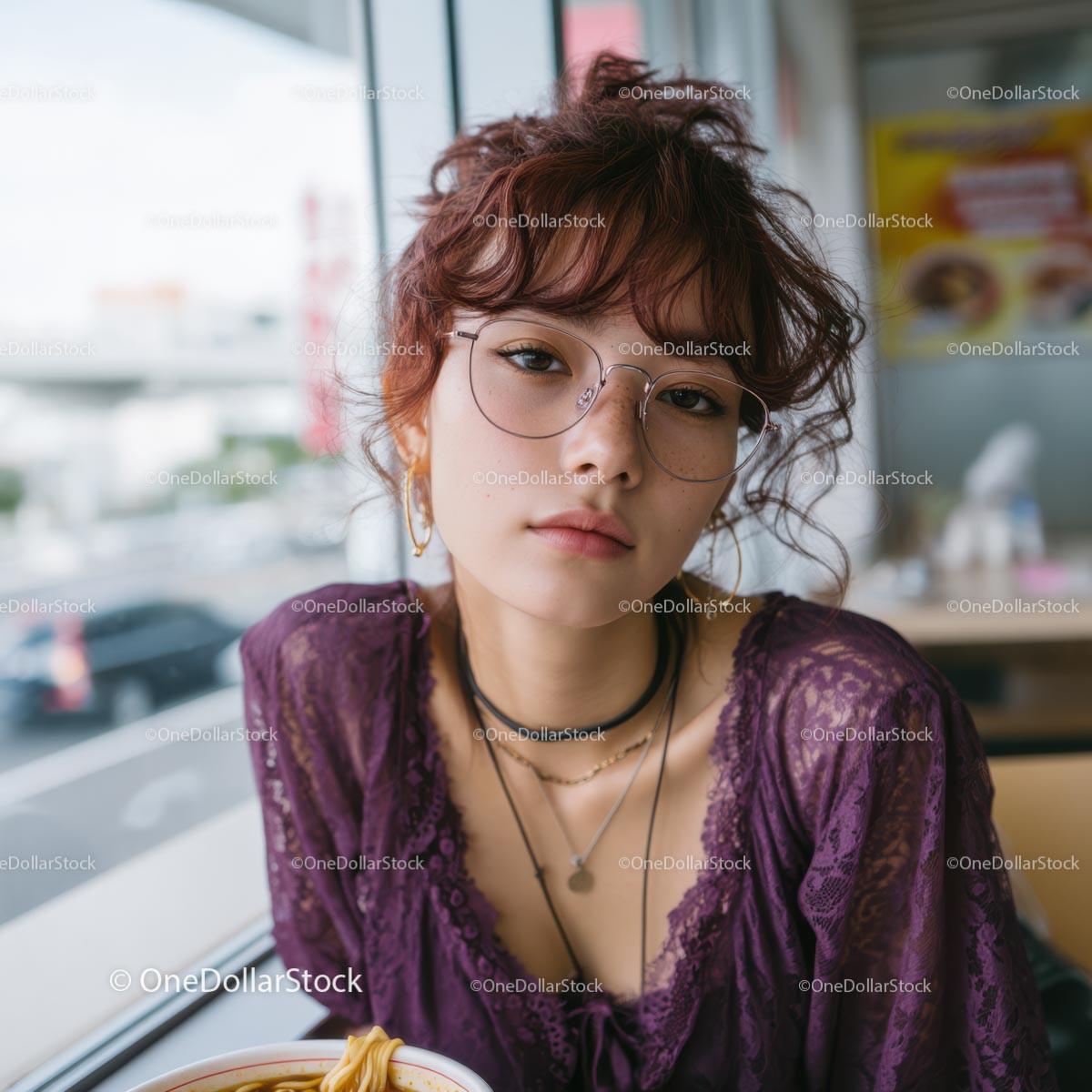 Young Woman with Purple Lace Top Dining in Urban Eatery Stock Photo Bundle preview 17