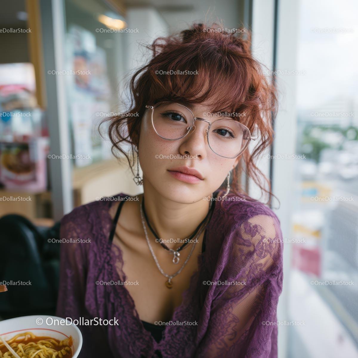 Young Woman with Purple Lace Top Dining in Urban Eatery Stock Photo Bundle preview 18