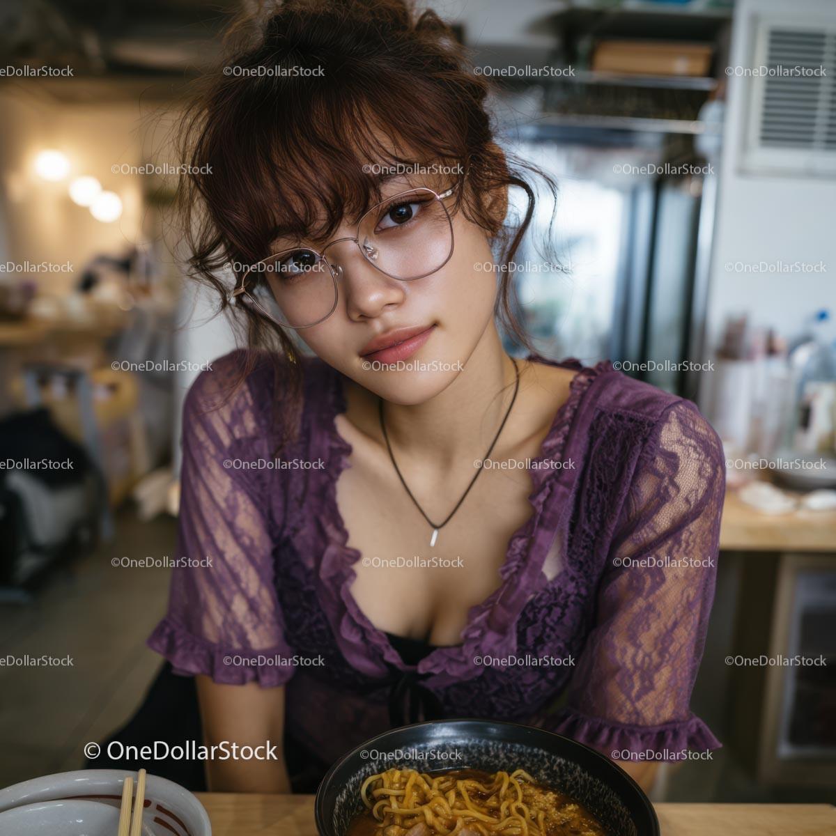 Young Woman with Purple Lace Top Dining in Urban Eatery Stock Photo Bundle preview 21