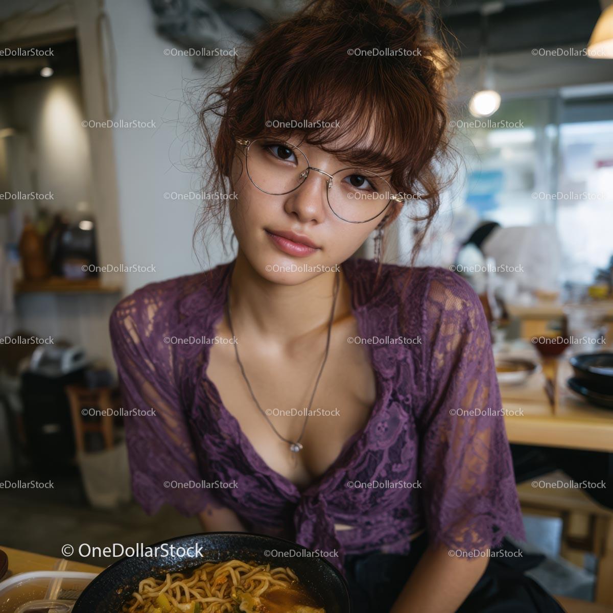 Young Woman in Purple Lace Top Enjoying Noodles at Cafe