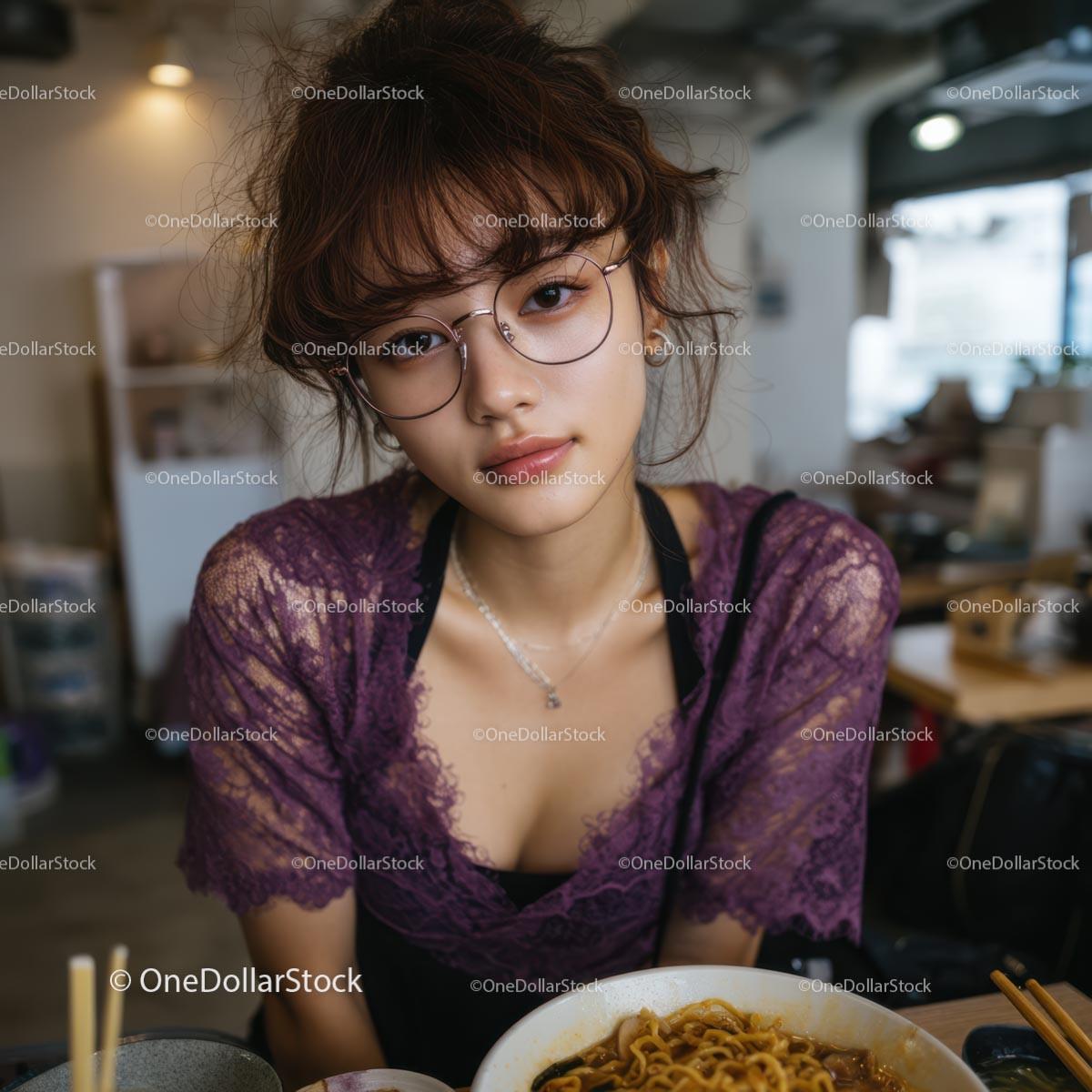 Young Woman Enjoying a Meal in a Cozy Cafe Setting