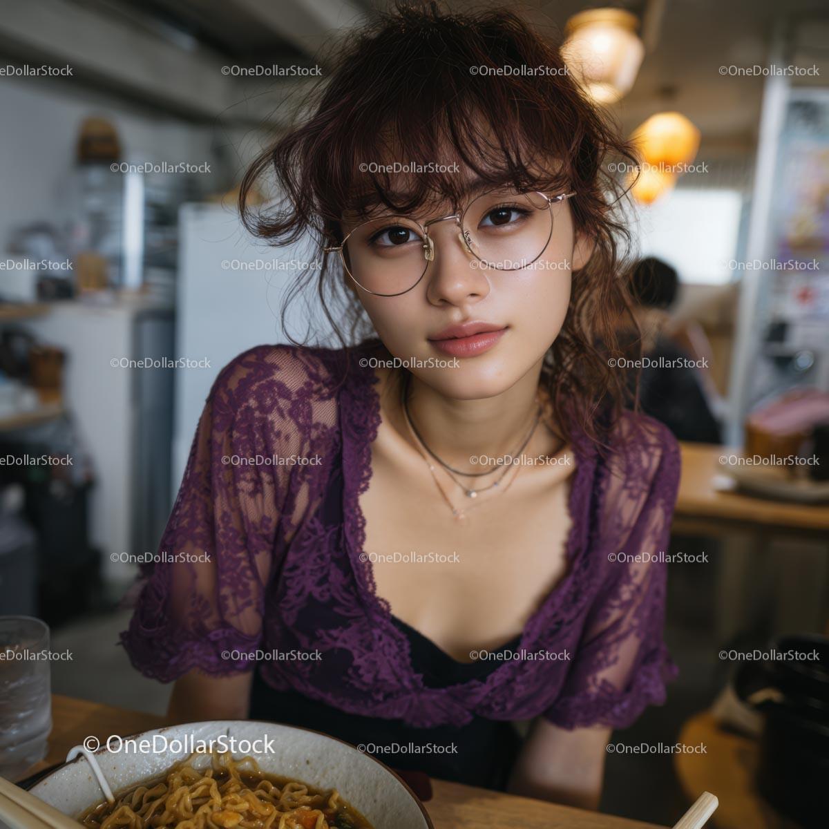 Stylish Woman in Purple Lace at Modern Cafe