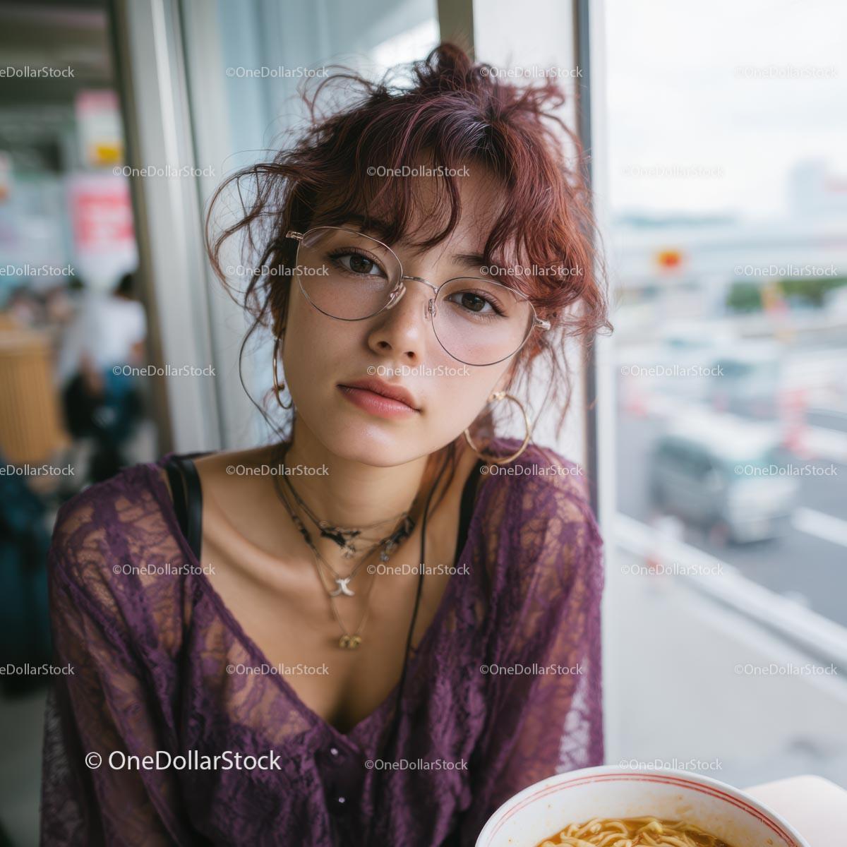 Fashionable Young Woman in Urban Cafe Setting