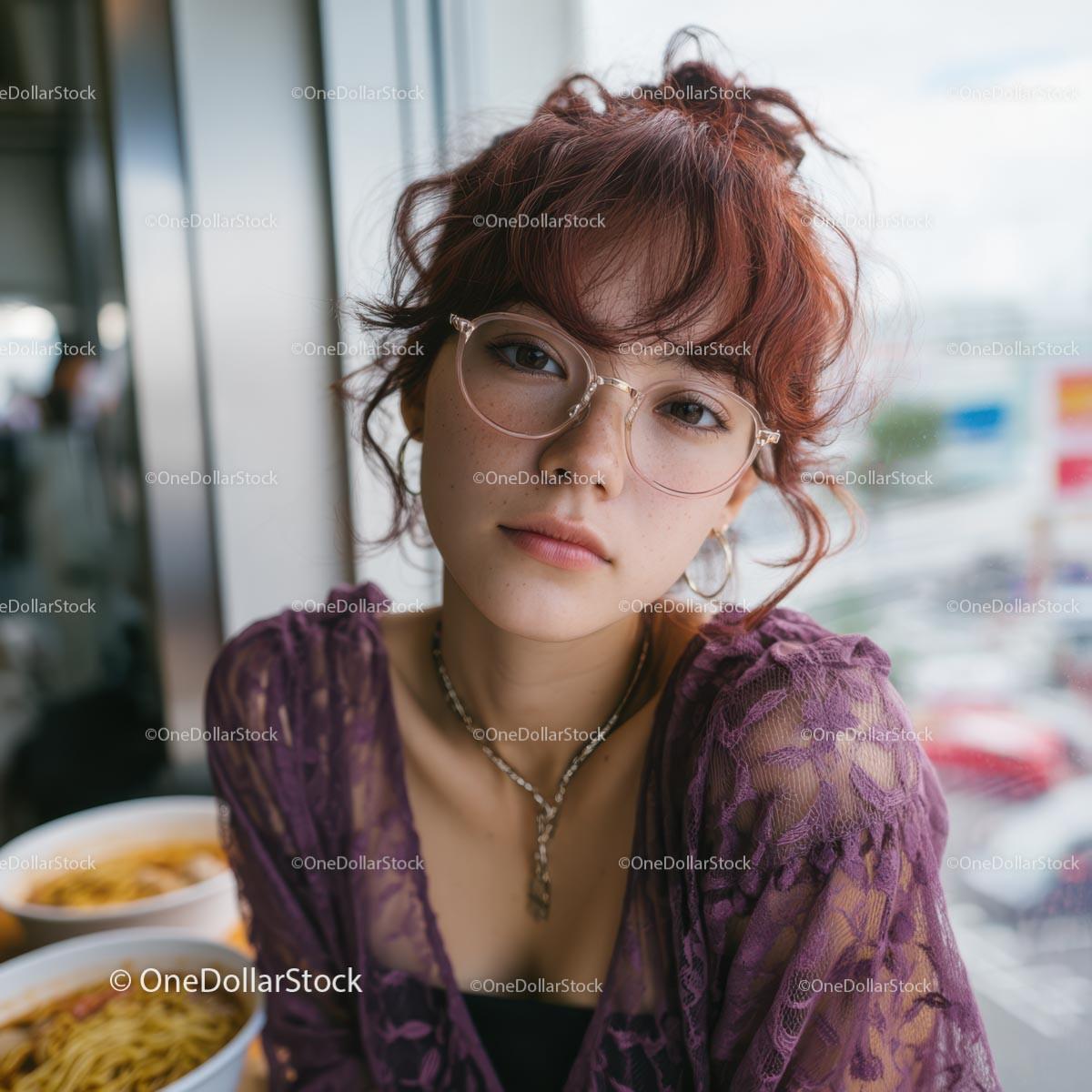 Young Woman in Purple Lace Top with Stylish Glasses