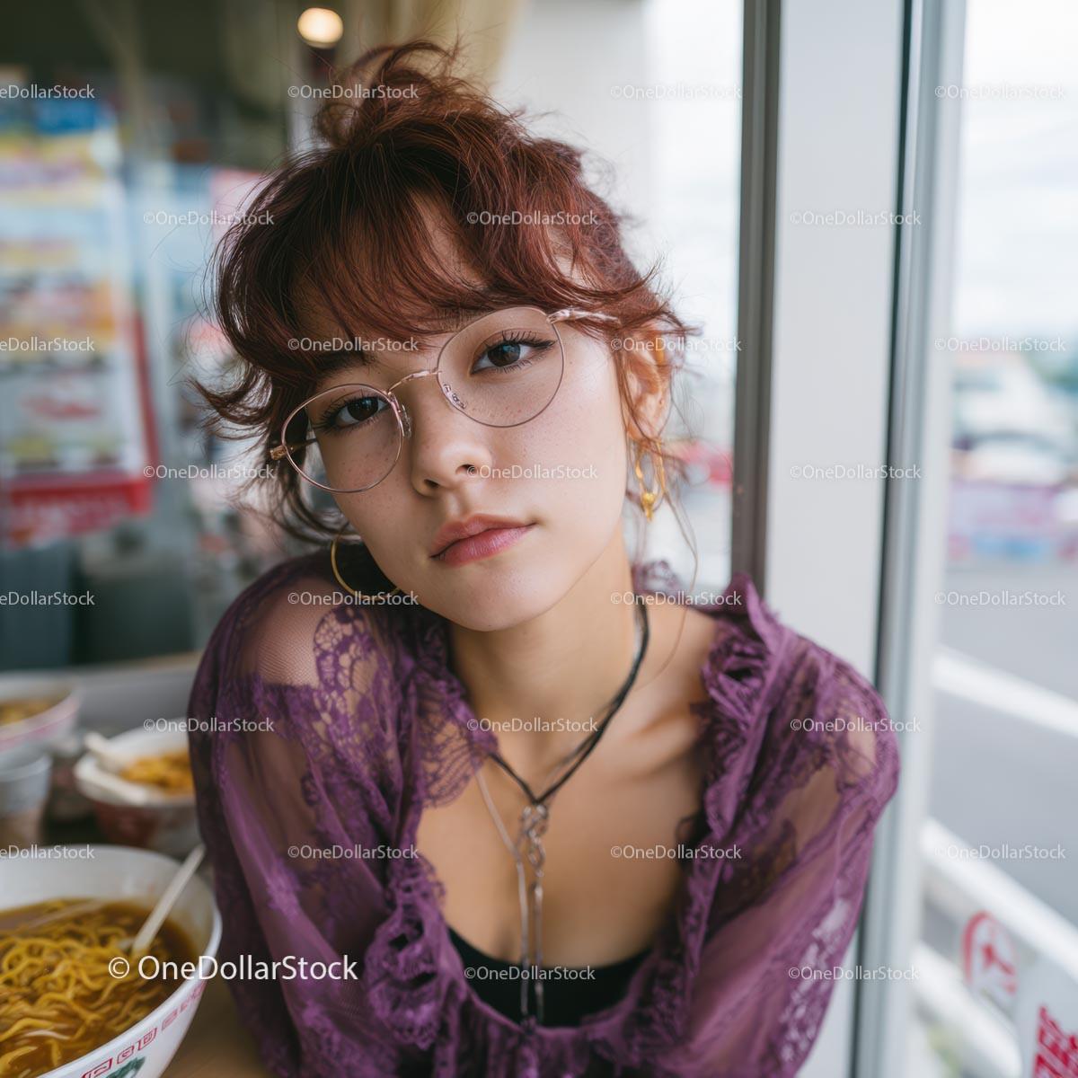 Stylish Woman in Purple Lace Enjoying Ramen Stock Photo Bundle preview 13