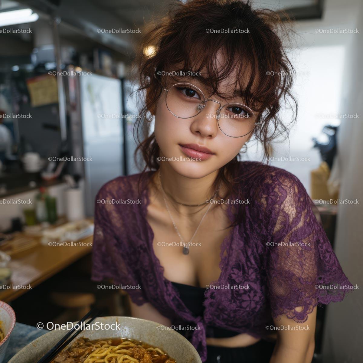 Young Woman in Purple Lace Top with Noodle Soup