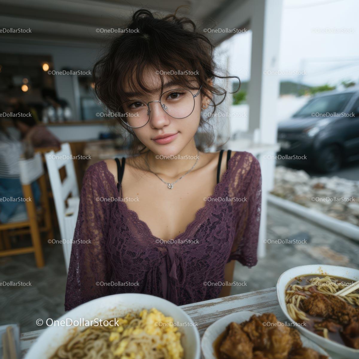 Stylish Woman in Purple Lace Enjoying Ramen Stock Photo Bundle preview 19